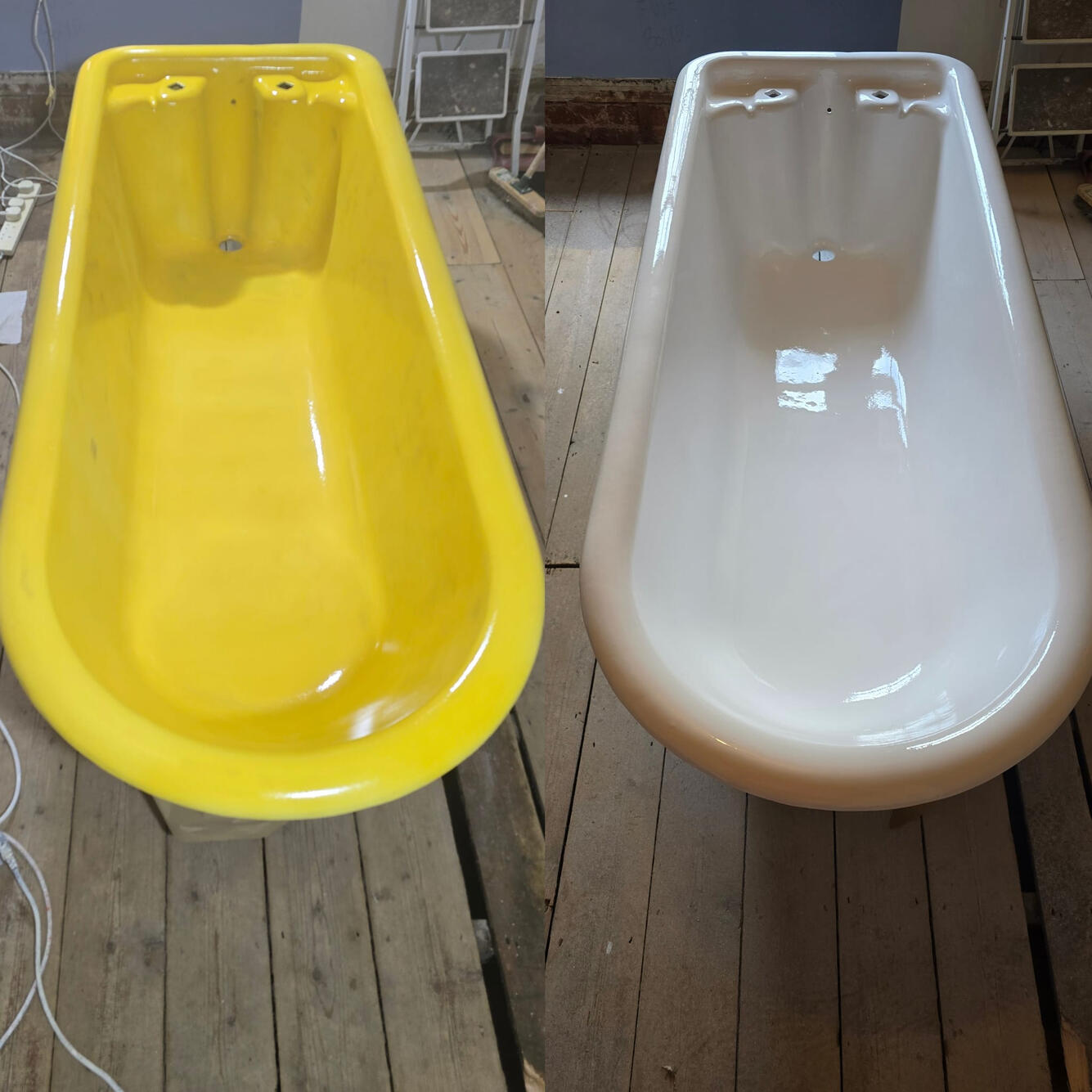 OldBEFORE AND AFTER PHOTOS OF A CAST IRON ROLL TOP BATH RE-ENAMELLED IN Rogerstone, Newport