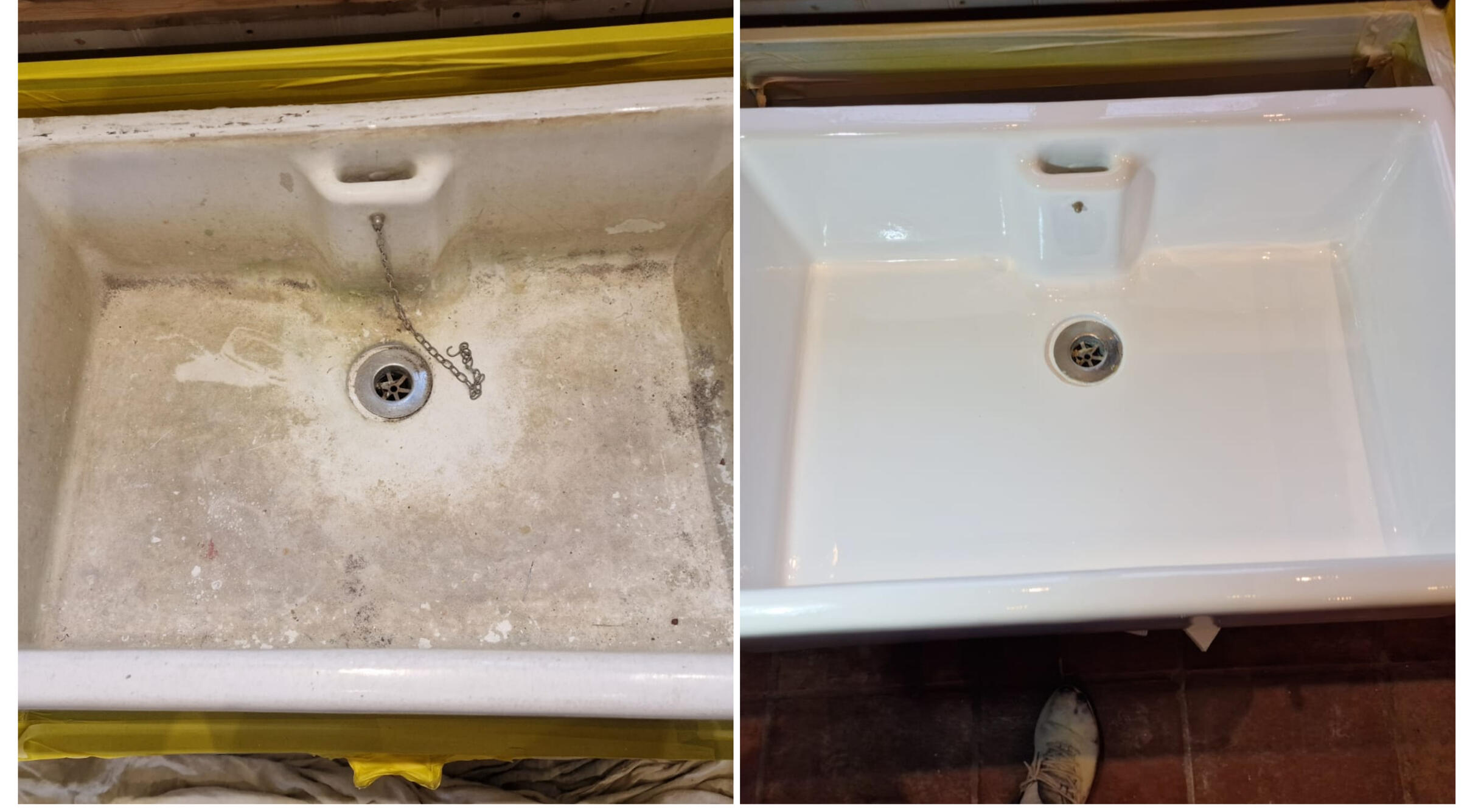 BEFORE AND AFTER PHOTOS OF A KITCHEN CERAMIC BELFAST SINK, WAS DAMAGED AND FULL OF CHIPS, FULLY RESORED TO A LIKE NEW FINISH IN Newport