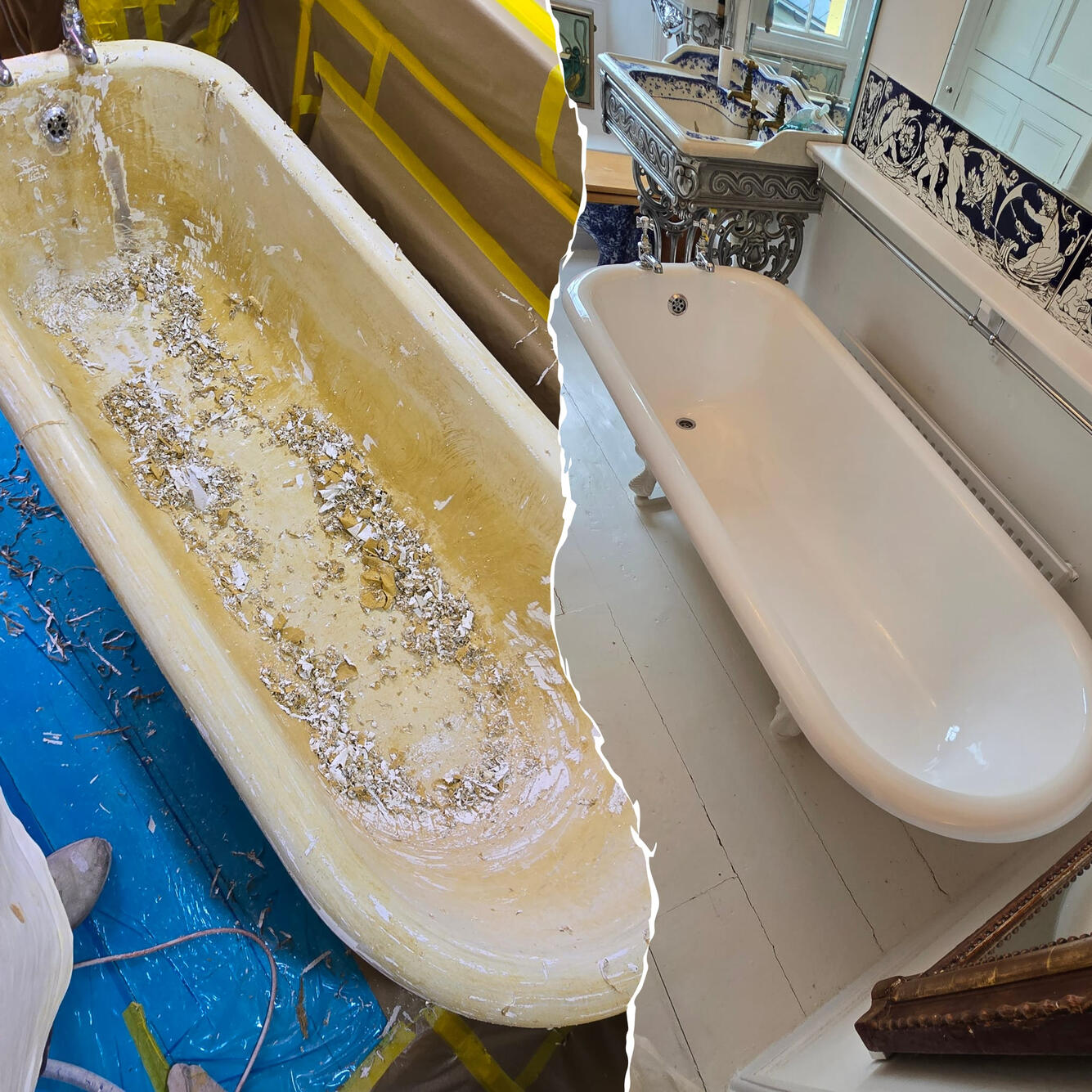 Roll top bath re-enamelled in Newport Before and after Victorian cast iron roll top bath re-enamelling in Newport