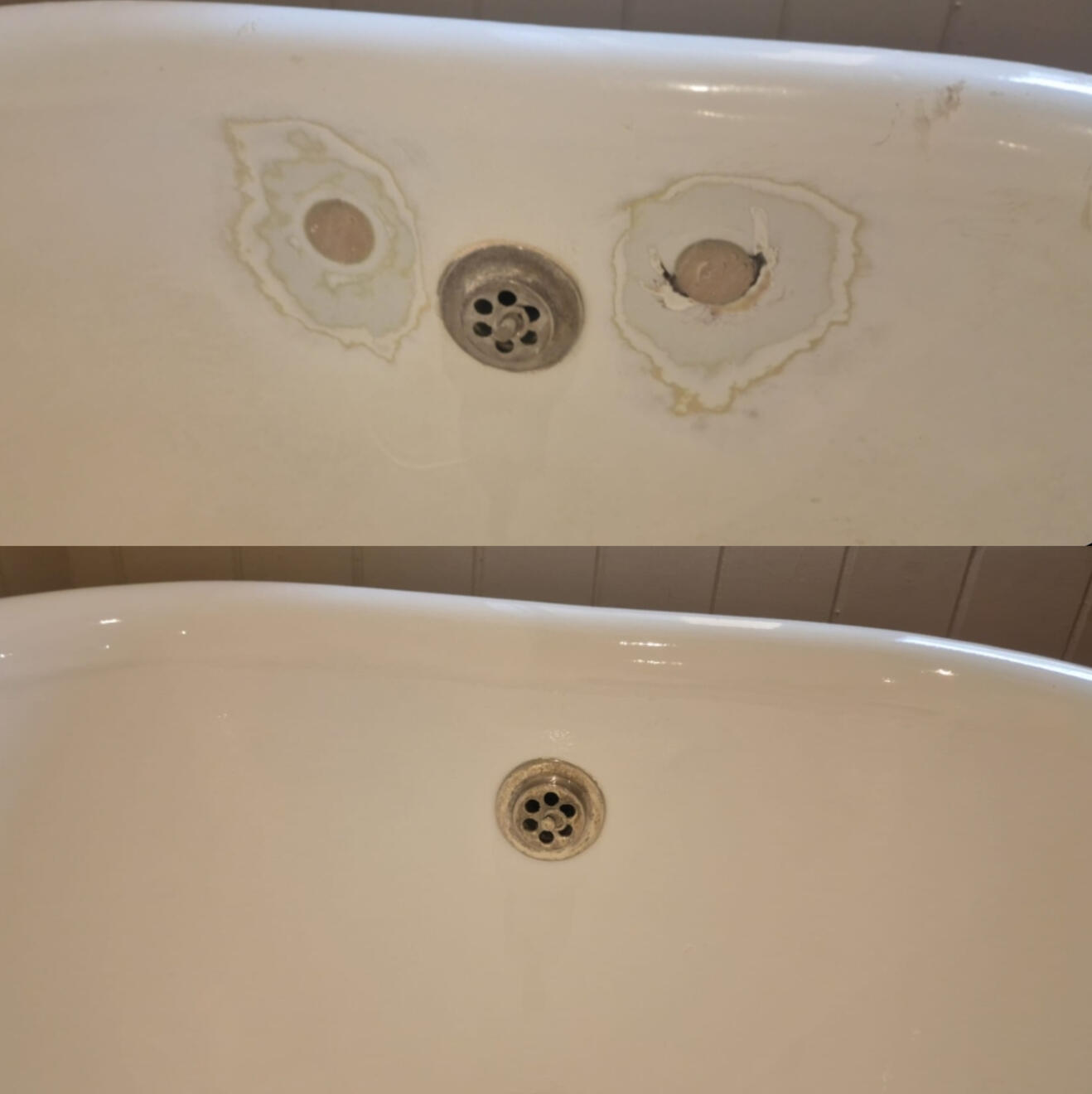Before and after cast iron bath tap holes filled and repaired in Solihull