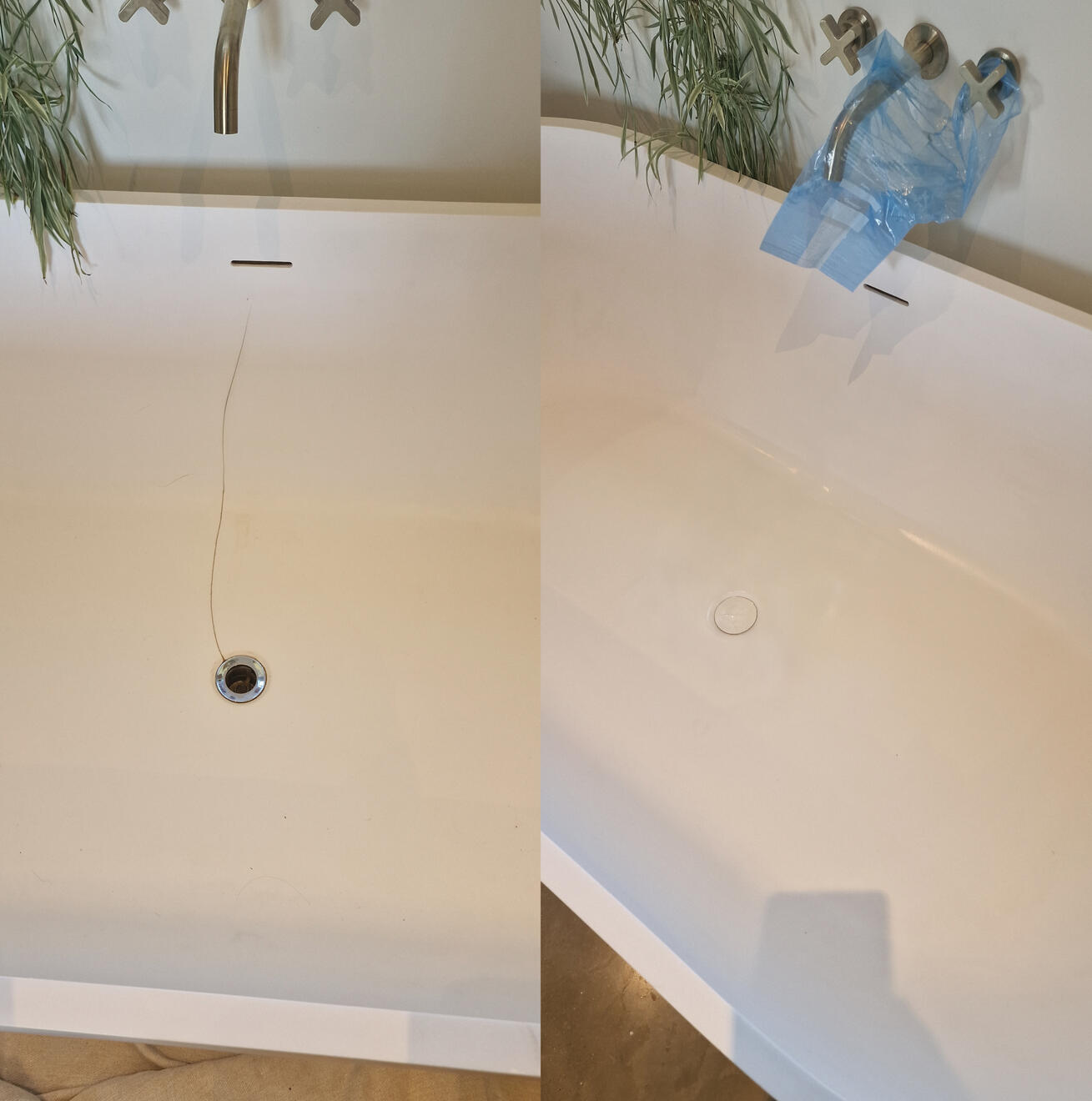 before and after pictures of a stone resin acrylic bath crack repair Reinforced stone resin bath crack repair in Newport