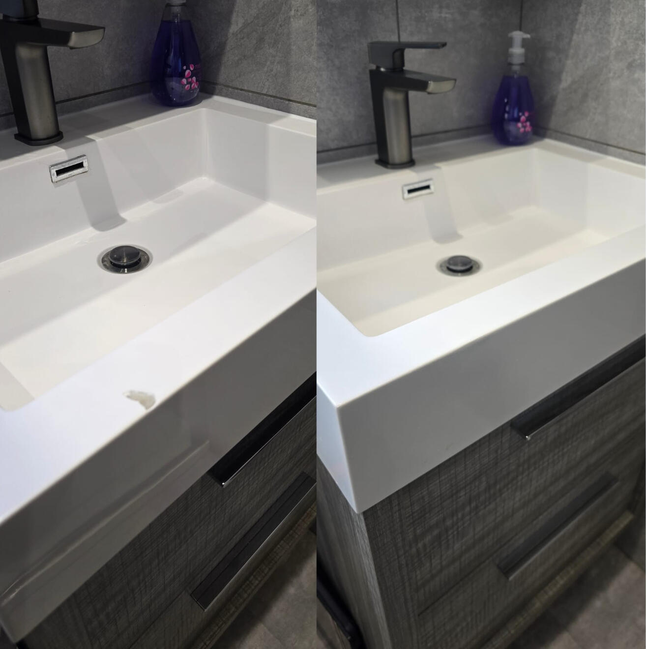 Before and after composite bathroom basin chip repair in Newport