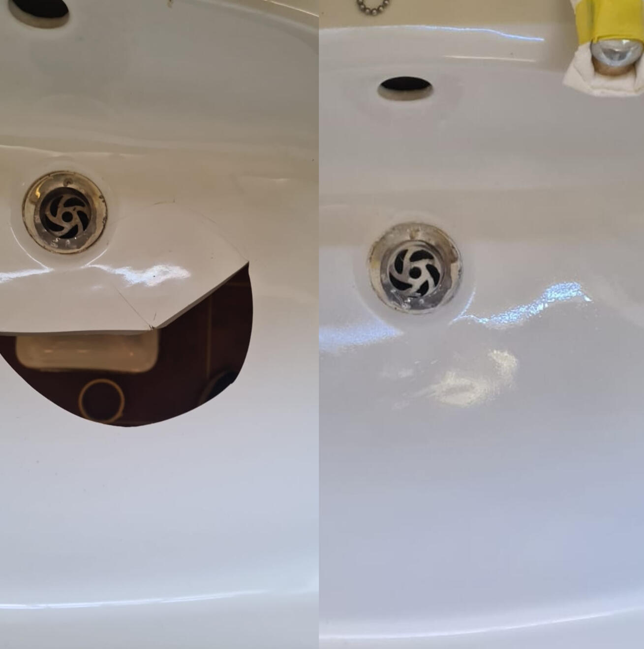 Before and after ceramic sink crack repair in Risca, Newport