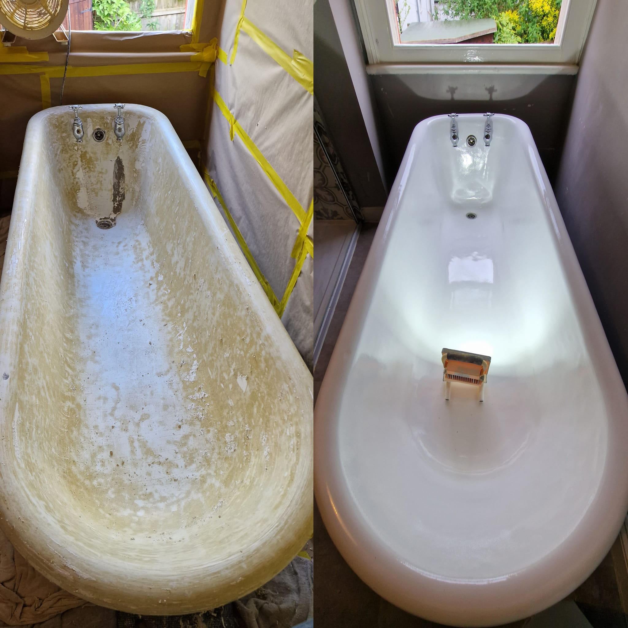 PICTURE OF A BEFORE AND AFTER OF A ROLL TOP CAST IRON BATH Before and after roll top cast iron bath re-enamelling in Newport